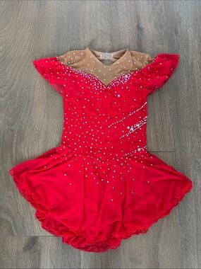 Girls custom Red Rhinestone Figure Skating Dress. Size Medium.